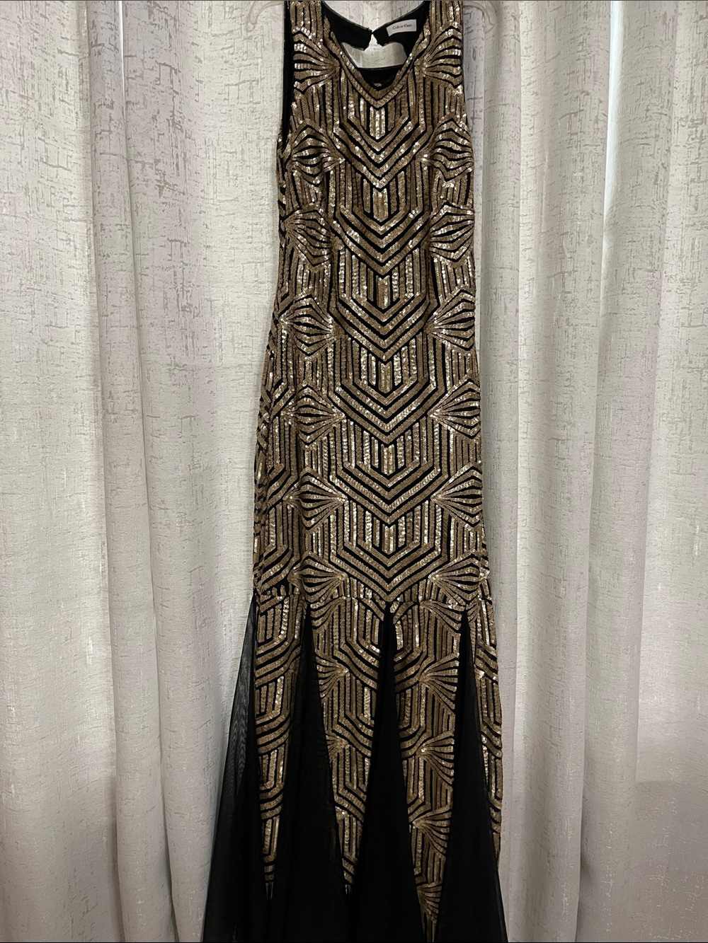 Calvin Klein Black and Gold Beaded Prom Gown